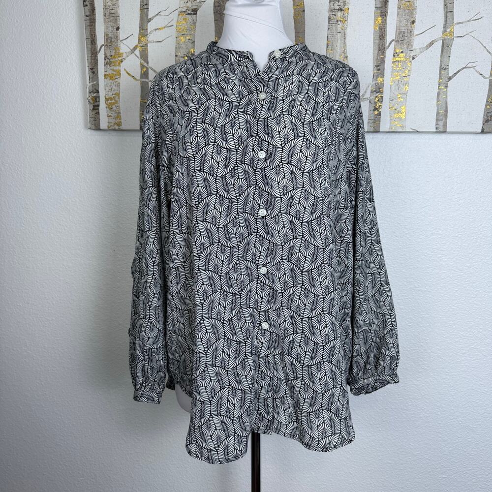 NWT Max Studio Patterned Ruffle Button Down Blouse Tunic Black White 1X